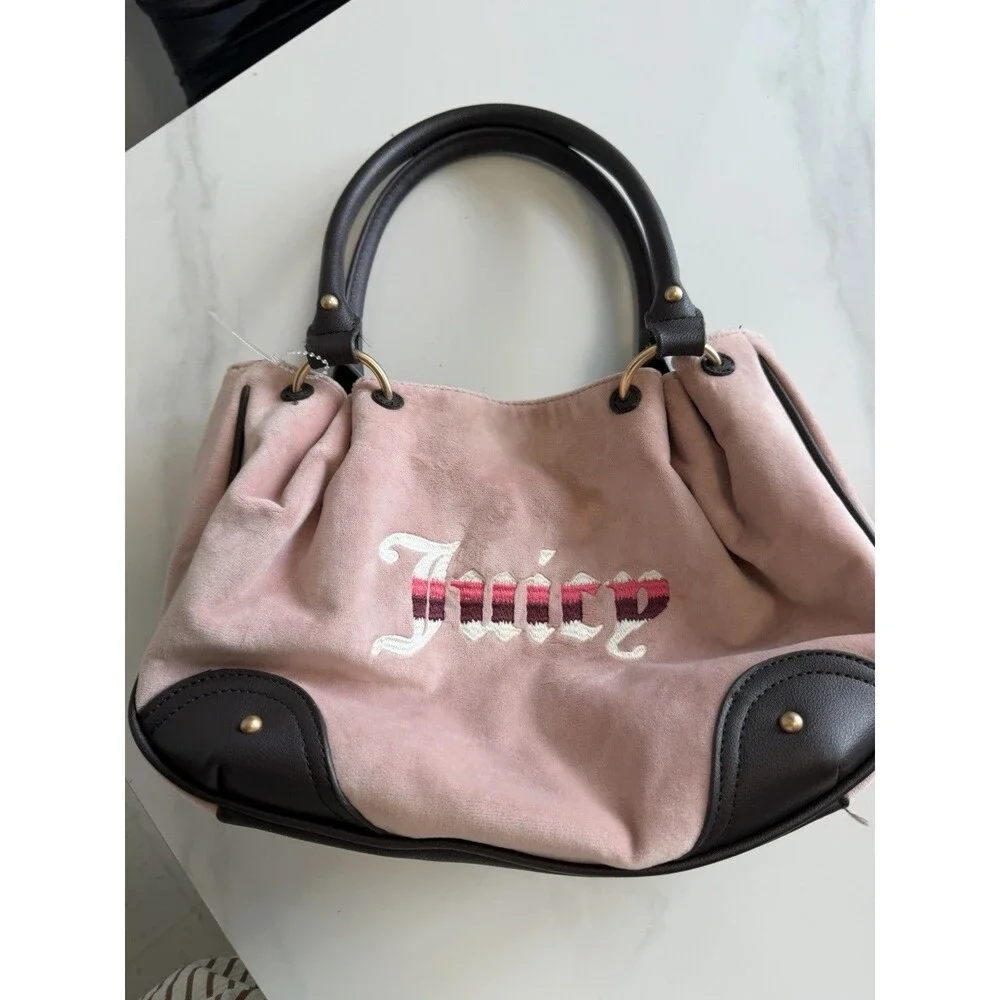 Juicy Couture Retro Vibe Satchel Bag Dusty Blush Pink Chocolate Velour Y2K NWTK
